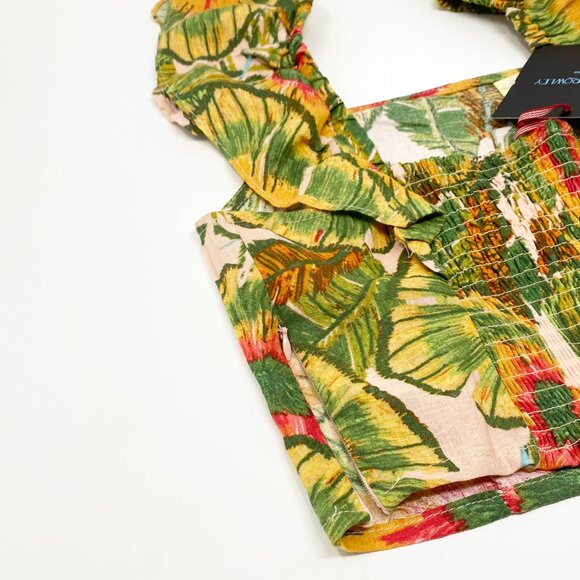 Cynthia Rowley | Tropical Linen Blend Smocked Crop Top - Picture 3 of 4